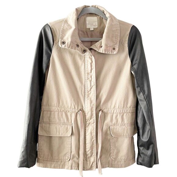 Olive & Oak Tan & Black Mixed Fabric Faux Leather Long Sleeve Full Zip Jacket XS - Picture 1 of 10